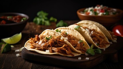 Fototapeta premium Mexican pork carnitas tacos composition. Generative AI