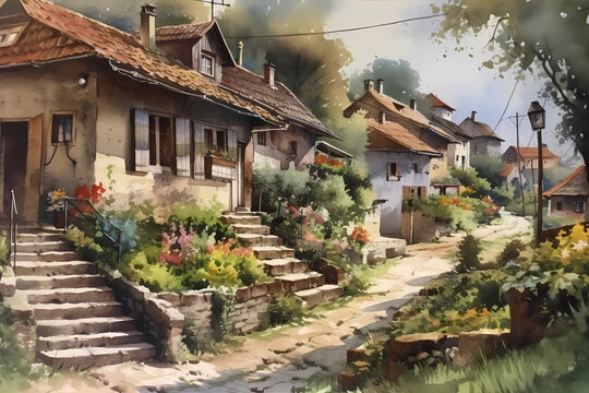 Painting Of A Quaint Village On Canvas. Digital Art Illustration. Generative AI.