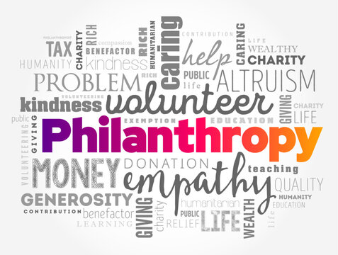 Philanthropy - the desire to promote the welfare of others, expressed by the generous donation of money to good causes, word cloud concept background