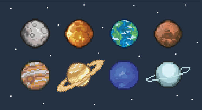 a set of planets in pixel art style