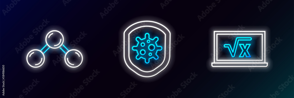 Poster set line square root of x glyph, molecule and shield protecting from virus icon. glowing neon. vecto