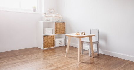 White childroom in pastel colors in scandinavian minimalist style.