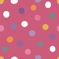 Seamless neutral polka dots pattern. Colorful hand-drawn circles on Pink background. Abstract bright points ornament. Vector light illustration for baby shower, fabric, print, wrapping paper, textile