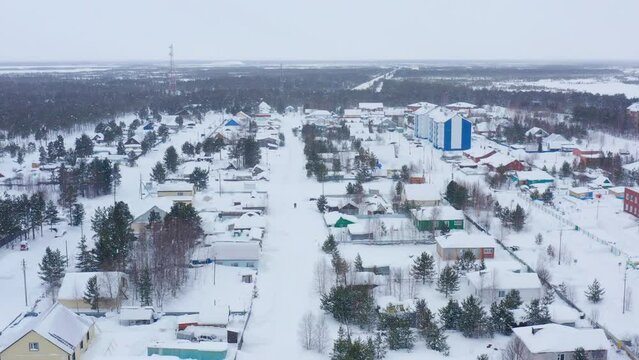 Western Siberia, Khanty-Mansi Autonomous Okrug: Russkinskaya village. Aerial view.