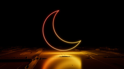 Orange and Yellow Night mode Technology Concept with moon symbol as a neon light. Vibrant colored icon, on a black background with high tech floor. 3D Render