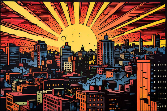 A painting of a city skyline at sunset comic book style. digital art illustration. generative AI.