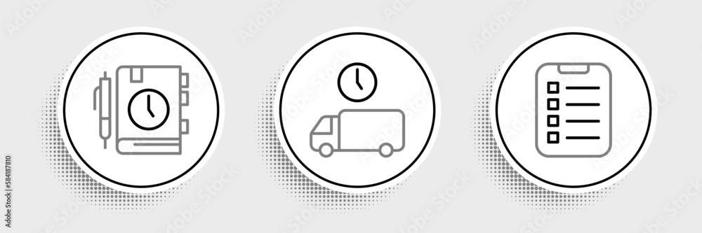 Aufkleber set line to do list or planning, daily paper notepad and delivery time icon. vector