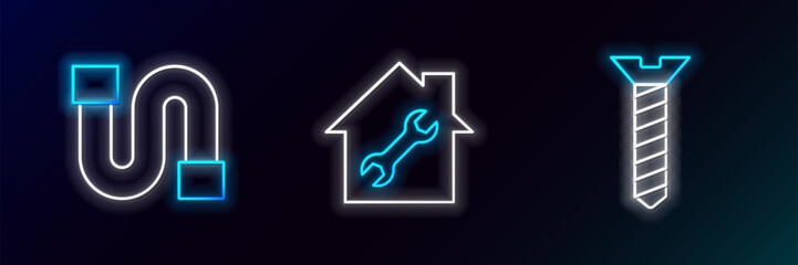 Set line Metallic screw, Industry pipe and House repair icon. Glowing neon. Vector