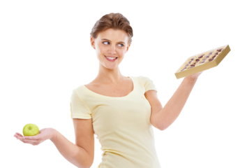 Pregnant, choice and diet decision of woman with candy craving in pregnancy, option and temptation. Nutrition model choosing sweets with contemplating smile on an isolated, transparent png background