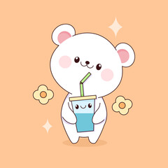 White cute bear in kawaii style with a drink