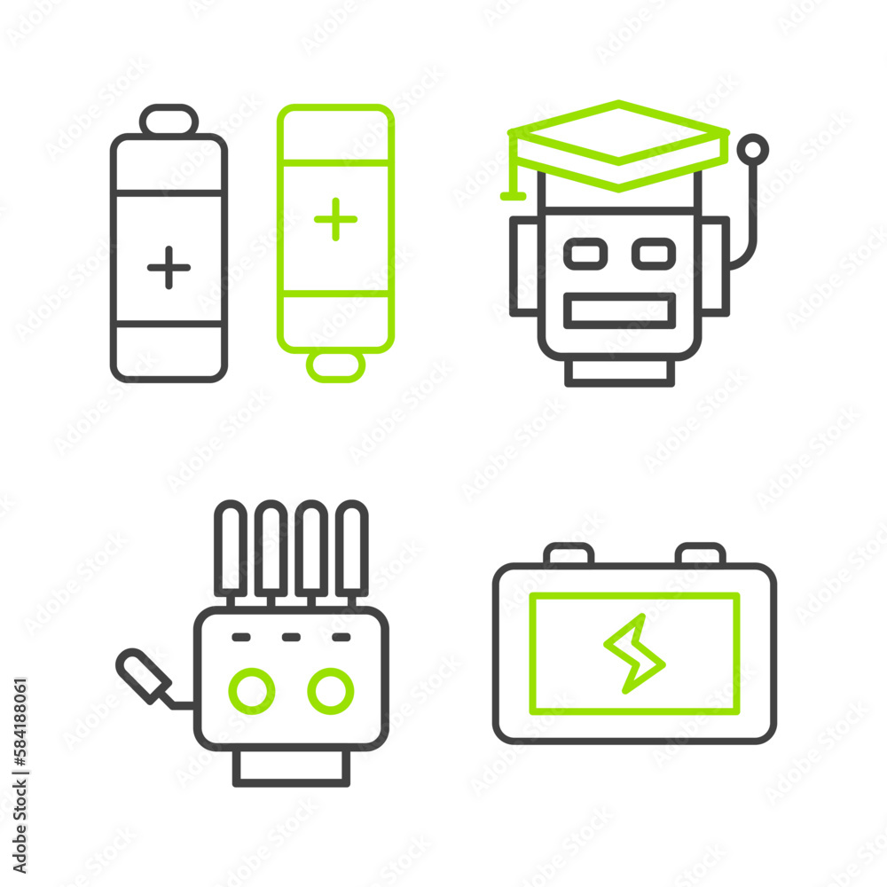 Poster set line battery, mechanical robot hand, robot and icon. vector
