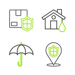 Set line Location shield, Umbrella, House flood and Delivery security with icon. Vector
