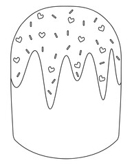 Easter cake. Sketch. The pastries are covered with glaze. The bread is decorated with sprinkles in the form of sticks and hearts. Vector illustration. Coloring book for children. Doodle style.