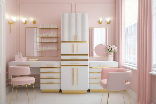 Modern interior of the female beauty salon. Super photo realistic background, generative ai illustration	
