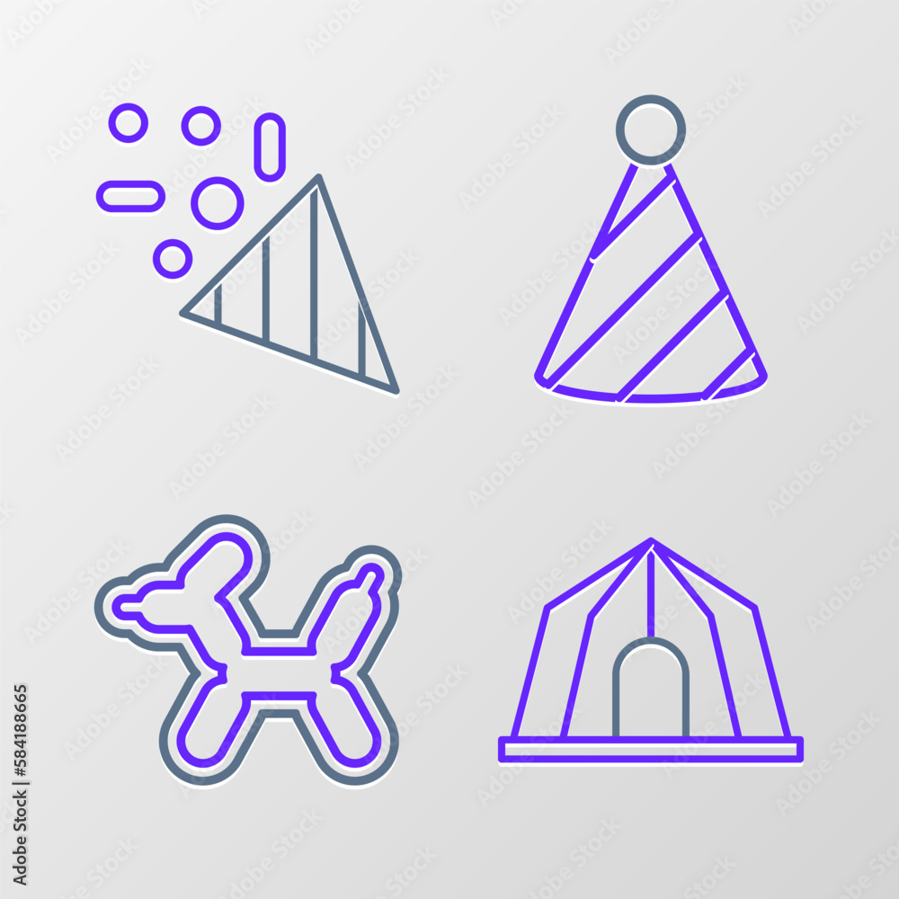 Sticker set line circus tent, balloon dog, party hat and festive confetti icon. vector