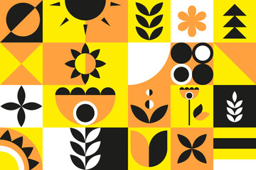 Neo geo floral pattern. Geometric background with simple shapes and flowers.