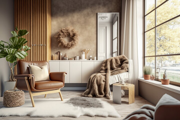 Cozy chair with fluffy blanket. Super photo realistic background, generative ai illustration