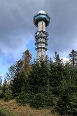 Tower of meteorologic radar with white dome on the top
