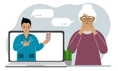Online consultation with a doctor. A grandmother in pain holds his hands to his face and communicates through a laptop with a doctor.