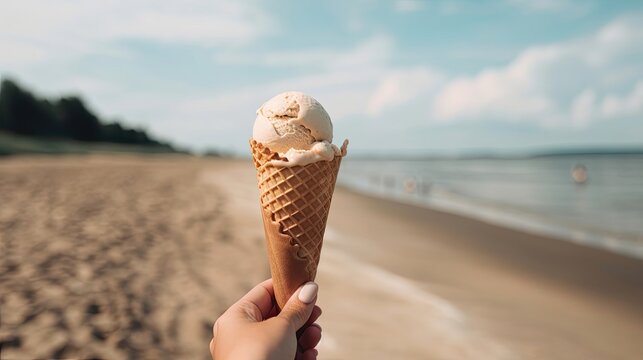 Hand holding delicious ice cream cone on the beach. Generative AI