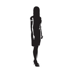 Business woman standing, isolated vector silhouette. Woman in formal clothing, business people