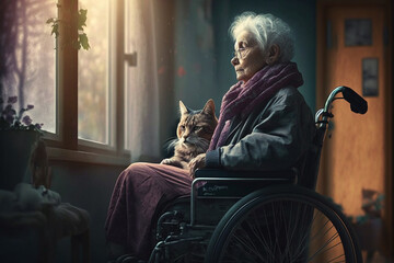 Fototapeta na wymiar Lonely sad elderly woman in wheelchair with her cat, the friendship of people and animals. Generative AI