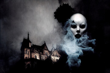 Scary ghost woman in haunted house. Digital art