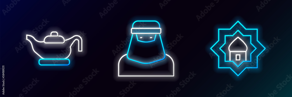 Canvas Prints Set line Muslim Mosque, Oil lamp and woman in niqab icon. Glowing neon. Vector