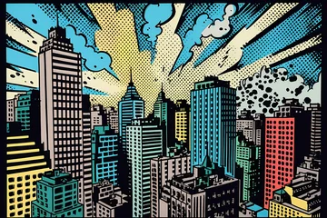 Foto op Plexiglas downtown city skyline comic book art style. digital art illustration. generative AI. © Hatia