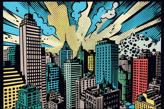 downtown city skyline comic book art style. digital art illustration. generative AI.