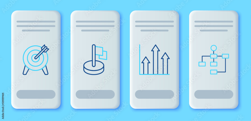 Poster set line flag, pie chart infographic, target and hierarchy organogram icon. vector