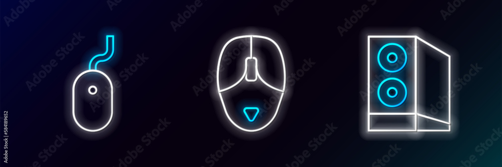 Poster set line case of computer, computer mouse and icon. glowing neon. vector