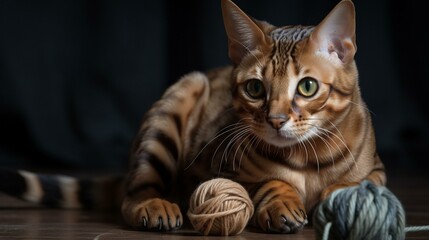 A mischievous Bengal cat playing with a ball of yarn. Generative AI - obrazy, fototapety, plakaty