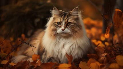 Naklejka na ściany i meble A majestic Norwegian Forest cat sitting on a bed of autumn leaves. Generative AI