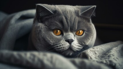 A sleepy British Shorthair cat snuggled up in a cozy blanket. Generative AI