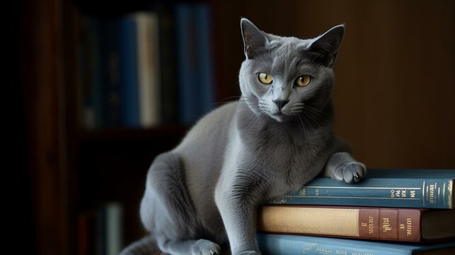 An inquisitive Russian Blue cat perched on a stack of books. Generative AI