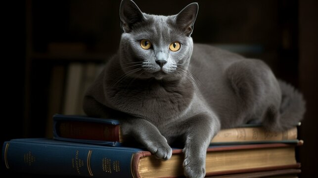 An inquisitive Russian Blue cat perched on a stack of books. Generative AI
