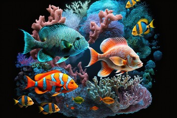 Naklejka na ściany i meble Animals of the underwater sea world Ecosystem Colorful art, generate AI