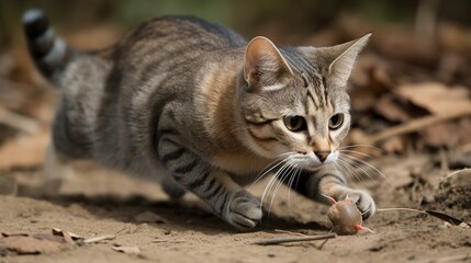 Naklejka na ściany i meble A charming and playful Manx cat chasing a toy mouse. Generative AI