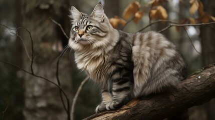 Naklejka na ściany i meble A sleek and athletic Kurilian Bobtail cat sitting on a tree branch. Generative AI