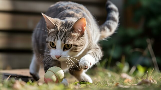 A charming and playful Manx cat chasing a toy mouse. Generative AI