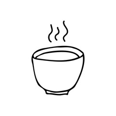 A bowl of hot broth. Good for treating flu, colds. Dishes for liquid dishes. Doodle. Vector illustration. Hand drawn. Outline.