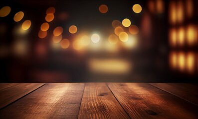 Blurred Bokeh Cafe Background. Empty wooden Table Space for Your product or coffee