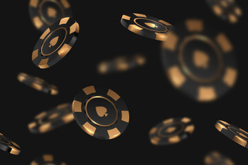 Black gold casino chips falling seamless background isolated on black in different positions. Poker endless texture with falling golden defocused blur elements