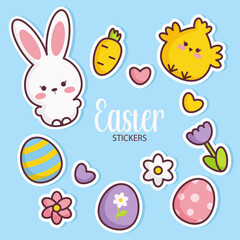 Spring Easter sticker set with rabbit and chicken