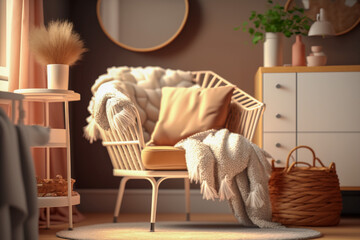 Cozy chair with fluffy blanket. Super photo realistic background, generative ai illustration