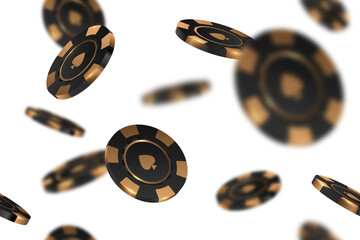 Black gold casino chips falling seamless pattern isolated on transparent background in different positions. PNG poker endless texture with falling golden defocused blur elements - 584191205
