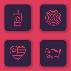 Set line Paper glass with straw, USA Independence day, American star shield and map. Blue square button. Vector
