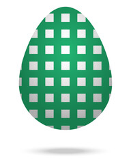Easter Egg. White chicken egg. Ornament in the form of a green cage. Cast a shadow. Color vector illustration. Isolated background. Flat style. Festive print. Idea for web design, invitations