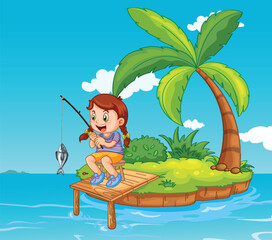 Happy girl fishing on small island